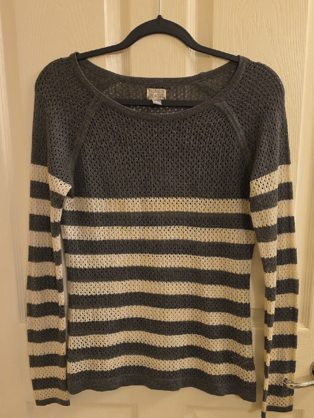 Converse Open-Knit Crewneck Sweater in Gray and Cream Stripes